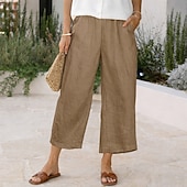 cheap Bottoms-Women's Linen-feel Pants Capri Pants Trousers Summer Shorts Vacation Fashion Basic Full Length High Waist Solid Color Plain Pocket Wide Leg Elastic Waistband Comfort Soft Breathable Inelastic