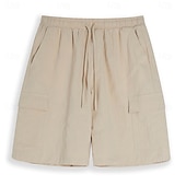 abordables Classique-Short cargo en lin pour homme – longueur genou, taille élastique avec cordon de serrage, multipoches, confortable &amp;respirant, décontracté, extérieur &amp;vacances à la plage, noir &amp; blanc