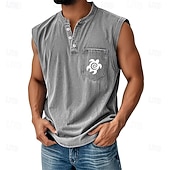 tanie Tank Tops-SoftFade™ Men's Vest Top Demin Shirt Sleeveless Henley Spring Graphic Plain Basic Garment Dyed Faded Vintage Washed Vacation Street Going out Black Dark Green Khaki Top Tee for Men