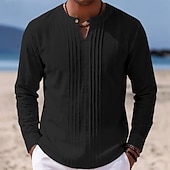 olcso Vakáció-Férfi Ing Vászon ing Nyári póló Stranding Tömör szín Hétköznapi Vakáció Medence Fekete Fehér Khakizöld Hosszú ujj Mandarin gallér Nyár Tavasz Ruházat Fodrozott