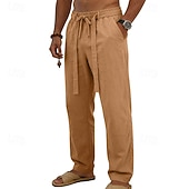 cheap Holiday-Men's Linen Pants Trousers Summer Pants Baggy Pants Drawstring Elastic Waist Straight Leg Plain Comfort Breathable Full Length Daily Outdoor Holiday Fashion Classic Style Blue White Micro-elastic