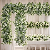 baratos Plantas e Folhagens Artificiais-Conjunto de 2/4 guirlandas de eucalipto, com comprimento total de 141,73 polegadas (360 cm), adornadas com flores brancas, folhas prateadas e folhagens realistas, ideais para decoração de casamentos e