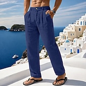 preiswerte Urlaub-Herren Leinenhosen Sommerhose Strandhose Tasche Falten Einfach Komfort Atmungsaktiv Volle Länge Täglich Outdoor Strand Urlaub Mode Schwarz Weiß Unelastisch