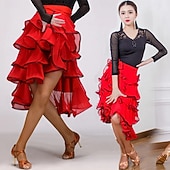 economico Gonne Latine-gonna da ballo latino-americano rossa da donna, a strati con volant, modello asimmetrico, gonna da allenamento per balli da sala