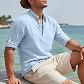 economico Vacanza-Per uomo Camicia di lino Camicia popover Camicia casual Camicia da Spiaggia Camicia con colletto alla coreana Semplice Casuale Spiaggia Nero Bianco Rosa Blu Manica Lunga Collo alla coreana Primavera