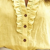 billige Enkle bluser-Dame Skjorte Skjorter i bomullslin Sommerskjorte Uformell skjorte Flettet Drapering Knapper Helfarge عادي Ferie Mote Fritid Halvlange ermer V-hals Vanlige topper Gateklær Strand Ferie Blå Gul Sommer