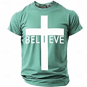  Believe Christian Cross Men's Minimalist Religious Spiritual T Shirt Graphic Crew Neck Short Sleeve Church Worship Gift for Believers Designer Clothing Apparel