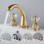 cheap Multi Holes-Widespread Bathroom Sink Mixer Faucet, Brass Basin Taps 2 Handle 3 Hole Retro Style Crystal Handle, Washroom Bath with Hot and Cold Water Hose