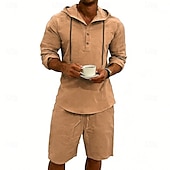 billige Linskjorte i bomull-Herre Linskjorte 2 deler Popover skjorte Og Shorts Lin Shorts Strandshorts Sett عادي Daglig utendørs Feriereise Med hette Langermet Sommer Mote Fritid Bekvem Klær
