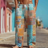 olcso Nyomtatott alkalmi férfi nadrágok-Férfi Boho Színes Kollázs Nadrág Nadrágok Bő nadrág Közepes csípő Etno Vintage Retro Otthon Szabadtéri Vakáció Zsinór Rugalmas derék Széles lábszár Nyár Tavasz 3D nyomtatás Sárga Lóhere