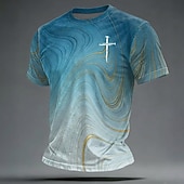  Camiseta cristiana para hombre con cruz, estampado gráfico azul mármol dorado, cuello redondo, manga corta, regalo espiritual cristiano para él, ropa de diseñador.