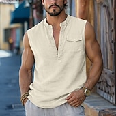 cheap Tank Tops-Men's T Shirt Sleeveless Standing Collar Summer Plain Textured Fashion Classic Casual Plain Casual Daily Home White Top Tee for Men