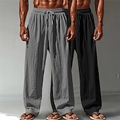 cheap Classic-Men's Linen Pants Trousers Summer Pants Baggy Pants Beach Pants Drawstring Elastic Waist Straight Leg Plain Comfort Breathable Full Length Casual Daily Outdoor Vacation Fashion Green+Gray White+Navy