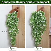 baratos Plantas e Folhagens Artificiais-Conjunto de 4 flores artificiais suspensas para decoração externa, plantas artificiais suspensas, flores brancas artificiais, trepadeiras verdes de plástico resistentes aos raios UV, hera adequada
