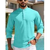 preiswerte Lässiges Henley-T-Shirt-Herren T Shirt Waffel-Henley-Hemd Henley Hemd Langarmshirt Langarm Henley Sommer Frühling Einfach Mode Streetwear Freizeit Knöpfe Lässig Täglich Urlaub Blau Schwarz Weiß Top T-Shirt für Herren