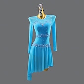 voordelige wedstrijd jurk-Sky Blue Latin Dance Dress - Long Sleeve Mesh Performance Costume with Rhinestones &amp; Lace Applique