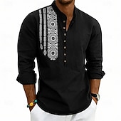 cheap Vacation-Men's Shirt Linen Shirt Popover Shirt Summer Shirt Beach Shirt Geometric Casual Vacation Black White Pink Navy Blue Long Sleeve Stand Collar Summer Spring Clothing Apparel Buttons