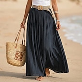 ieftine Fuste simple-Pentru femei Fustă de vacanță Fustă din bumbac artificial și in Modă Casual Lung vară Maxi Talie Înaltă Fuste Simplu Zdrobit Fluid Strech Zilnic Plajă Albastru piscină Măr Verde Maroniu Galben Lămâie