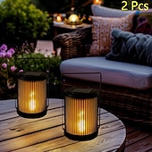 abordables Luces de camino y linternas-2 linternas solares de hierro para exteriores con forma de llama, resistentes al agua IP65, portátiles. &amp;Lámparas LED colgantes para jardín, patio, valla, escalera, escalones, césped, camino, villa,