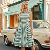 cheap Dresses-1950s Retro Vintage Midi Dress Swing Dress Flare Dress Sleeveless Striped Fit &amp; Flare Swing Round Neck Fancy Dress Women's Carnival Casual Party Dailywear Adults' Dress Spring &amp; Summer