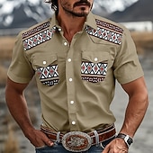 abordables camisas occidentales de los hombres-Hombre Diseño Geométrico Étnico camisa occidental Camisas de trabajo Camisa vaquera Manga Corta occidental retro de la vendimia Casual Exterior Para trabajo Verano Primavera Cuello Vuelto Impresión