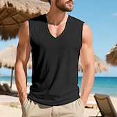billiga Gym-toppar-Herr Linne Väst Undertröjor Ärmlös tröja Ärmlös V-hals Sommar Vår Slät Mode Sportig Klassisk Slät Gym Gata Sport Vin Topp t-shirt för män