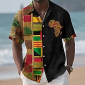 billige Vintage skjorte-Juneteenth Herre Stamme Kart Etikk / afrikansk Skjorte Sommerskjorte Skjorte med knapper Kortermet Vintage retro Ferie Sommer Vår Aftæpning 3D-utskrift krage skjorter Blå Rød Kakifarget Svart