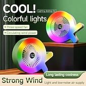お買い得  携帯扇風機-カラフルなRGB LEDライト付きQ字型卓上ファン、3段階速度調節可能な静音パーソナルテーブルファン、オフィス、寝室、寮のナイトスタンドに最適なポータブルUSB充電式小型ファン、クリエイティブな冷却ファンナイトライトギフト