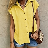 cheap Plain Blouses-Women's Shirt Cotton Linen Shirts Beach Shirt Button Up Shirt Solid Color Plain Vacation Fashion Casual Sleeveless Turndown Regular Tops Streetwear Beach Holiday White Yellow Orange Light Blue Summer