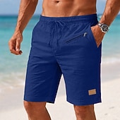 cheap Holiday-Men's Shorts Linen Shorts Summer Shorts Beach Shorts Drawstring Elastic Waist Zipper Pocket Plain Solid Comfort Soft Short Daily Beach Fashion Chic &amp; Modern Blue Black Stretchy