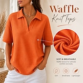  Damskie Podkoszulek Koszulki polo Koszulki Swetry w wafelkowatej dzianinie Równina Moda Elegancki Podstawowy Krótki rękaw Kołnierzyk koszuli Zwykłe topy Codzienny Wyjściowe Weekend Niebieski Czarny
