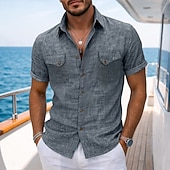 abordables Clásico-Hombre Camisa Camisa de lino Camisa de verano Ropa de playa Color sólido Casual Vacaciones Azul Piscina Azul Marino Caqui Gris Manga Corta Cuello Camisero Verano Primavera Ropa Bolsillo
