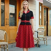 cheap Dresses-1950s Retro Vintage Rockabilly Midi Dress Swing Dress Flare Dress Short Sleeves With Belt Polka dots Fit &amp; Flare Swing Turndown Fancy Dress Women's Casual Dailywear Tea Party Adults' Dress Spring