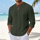 preiswerte Urlaub-Herren Hemd Leinenhemd Sommerhemd Strandhemd Einfarbig Lässig Urlaub Blau Schwarz Weiß Khaki Langarm Mandarinkragen Sommer Bekleidung Gerafft