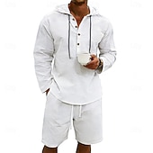 billige Linskjorte i bomull-Herre Linskjorte 2 deler Popover skjorte Og Shorts Lin Shorts Strandshorts Sett عادي Daglig utendørs Feriereise Med hette Langermet Sommer Mote Fritid Bekvem Klær