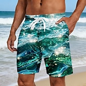baratos Estampa Oceano-Homens Água do mar Ondas do oceano Calção Justo de Natação Fatos de banho Calções de banho Bermuda de Surf Cintura Média Havaiana férias na praia Bolsos laterais Forro de malha Cintura elástica com