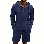 billige Linskjorte i bomull-Herre Linskjorte 2 deler Popover skjorte Og Shorts Lin Shorts Strandshorts Sett عادي Daglig utendørs Feriereise Med hette Langermet Sommer Mote Fritid Bekvem Klær