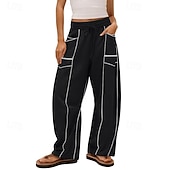 abordables Fondos-Mujer Pantalones de lino y algodón Pantalones Pantalones casuales Pantalones de verano Vacaciones Moda Ropa de calle Longitud total Alta cintura Retazos Bolsillo Cintura elástica Comodidad Cómodo