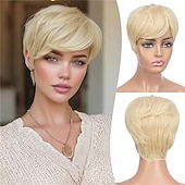 cheap Older Wigs-Pixie Cut Wigs Synthetic Short  Pixie Haircut Wig with Bangs Layered Wig Wavy Wigs for Women