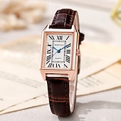 abordables Montres à quartz-Montre Tank vintage pour femme, boîtier rectangulaire en or rose, cadran rétro à chiffres romains avec aiguilles bleues, bracelet en cuir noir, petite montre à quartz pour femme, montre habillée ou
