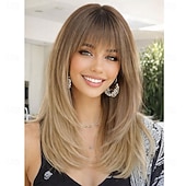 economico Parrucche trendy sintetiche-Parrucca bionda ombre con frangia per donna, parrucca liscia a strati di media lunghezza, naturale, ideale per feste e occasioni speciali.