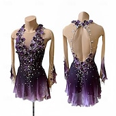 cheap Figure Skating Dresses-Figure Skating Dress Women's Ice Skating Dress Purple Patchwork Open Back Stretchy Training Competition Skating Wear Classic Crystal / Rhinestone Long Sleeve Ice Skating Figure Skating