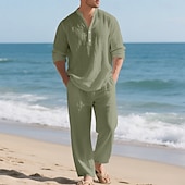 economico Camicie di lino-Per uomo Due pezzi Camicia popover Set Camicia E Pantaloni Impostare Semplice Casuale Quotidiano Vacanza Scollo a V Manica Lunga Estate Primavera Moda Casual Confortevole Abbigliamento