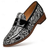 economico Scarpe Dichiarazione-mocassini da uomo neri con stampa paisley, scarpe eleganti slip-on di tendenza con cinturino lucido, calzature da gentiluomo per matrimoni, banchetti, feste e occasioni speciali.