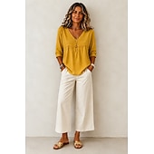  Femmes Chemise Couleur Unie Uni Bohème Vacances ancien Col en V Hauts Longs Occasionnel Bleu Blanche Noir Jaune Rose Claire Été Printemps