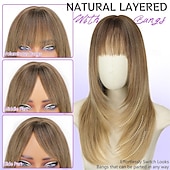 economico Parrucche trendy sintetiche-Parrucca bionda ombre con frangia per donna, parrucca liscia a strati di media lunghezza, naturale, ideale per feste e occasioni speciali.