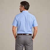 economico camicie oxford da uomo-Camicia da uomo elegante, 100% cotone oxford, maniche corte, a righe blu