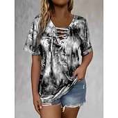  Women's T Shirt Tee Drawstring Graphic Tie Dye Bohemia Vintage Tropical Short Sleeve Asymmetrical V Neck Regular Tops Casual Daily Beach Blue Black Summer Spring Fall Winter
