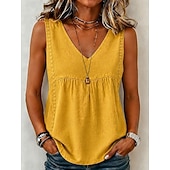  Femmes Chemise Couleur Unie Uni Bohème ancien Mode Sans manches Col en V Hauts Longs Occasionnel Bleu Blanche Jaune Été Printemps