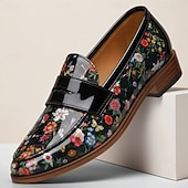 abordables Chaussures Déclaration-Mocassins à enfiler noirs à motif floral pour homme, chaussures habillées élégantes à bride vernie, parfaites pour les mariages, les banquets, les fêtes et les soirées raffinées.